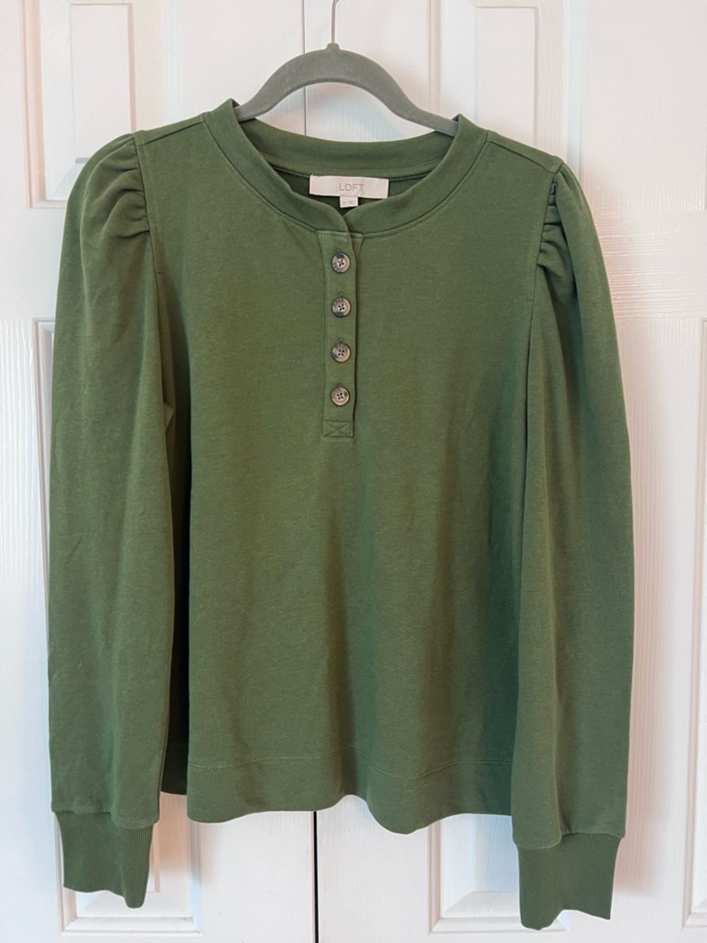 LOFT Olive Green Puff-Sleeve Henley Sweatshirt